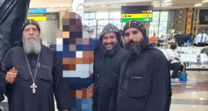 This is a photo from the Facebook page of the three Egyptian Coptic monks of the Coptic Orthodox Archdiocese of South Africa who were brutally murdered March 12, 2024. According to a March 13 statement from the Coptic Orthodox Church, one of the three slain was Father Takla Moussa, assistant bishop and abbot of St. Mark and St. Samuel the Confessor Monastery. The other two were identified as Fathers Minah ava Marcus and Youstos ava Marcus. The Facebook page did not give the order of the monks in the altered photo. (OSV News photo/Coptic Orthodox Church Facebook) Editors: The photo was altered by the original source.