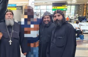 This is a photo from the Facebook page of the three Egyptian Coptic monks of the Coptic Orthodox Archdiocese of South Africa who were brutally murdered March 12, 2024. According to a March 13 statement from the Coptic Orthodox Church, one of the three slain was Father Takla Moussa, assistant bishop and abbot of St. Mark and St. Samuel the Confessor Monastery. The other two were identified as Fathers Minah ava Marcus and Youstos ava Marcus. The Facebook page did not give the order of the monks in the altered photo. (OSV News photo/Coptic Orthodox Church Facebook) Editors: The photo was altered by the original source.